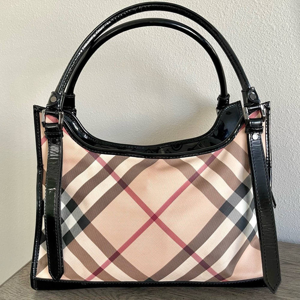 Burberry Beige Nova Check Shoulder Bag with Black Patent Trim